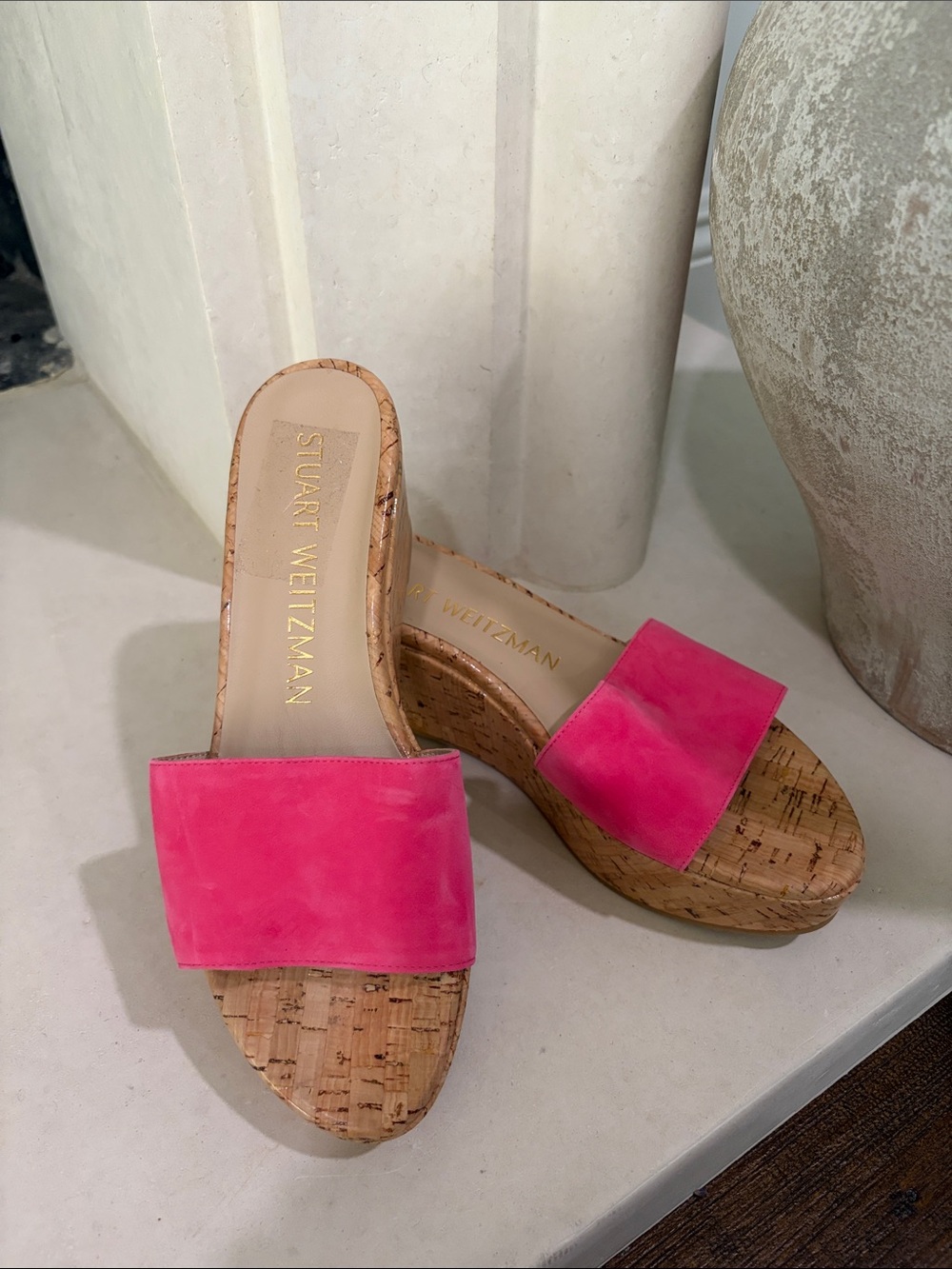 Stuart Weitzman Hot Pink Cork Wedge Slide Sandals
